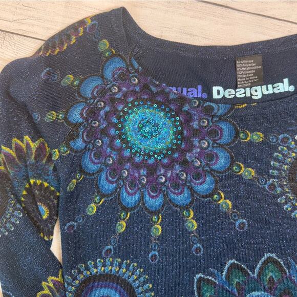 Desigual NWT Women's Lucke Knit Pullover Top Blue Floral Sparkle Size Small - Picture 6 of 10